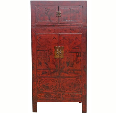 96" Tall Red Lacquer Antique Chinese Chinoiserie-Style Cabinet - Dyag East