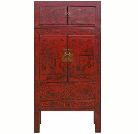 96" Tall Red Lacquer Antique Chinese Chinoiserie-Style Cabinet - Dyag East