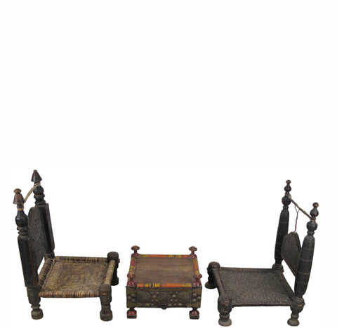 Vintage Rajasthani Charpoy Chair Set with Hand-Painted Bajot Table – Hand-Carved Indian Rosewood, 1980s
