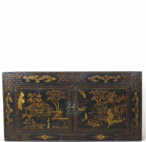Hand Painted Black Vintage Chinese Chinoiserie-Style Cabinet 2