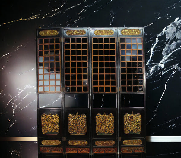 Antique Chinese Room Divider w Hand Carved & Gilded Dragons on Both Sides - Set of 4