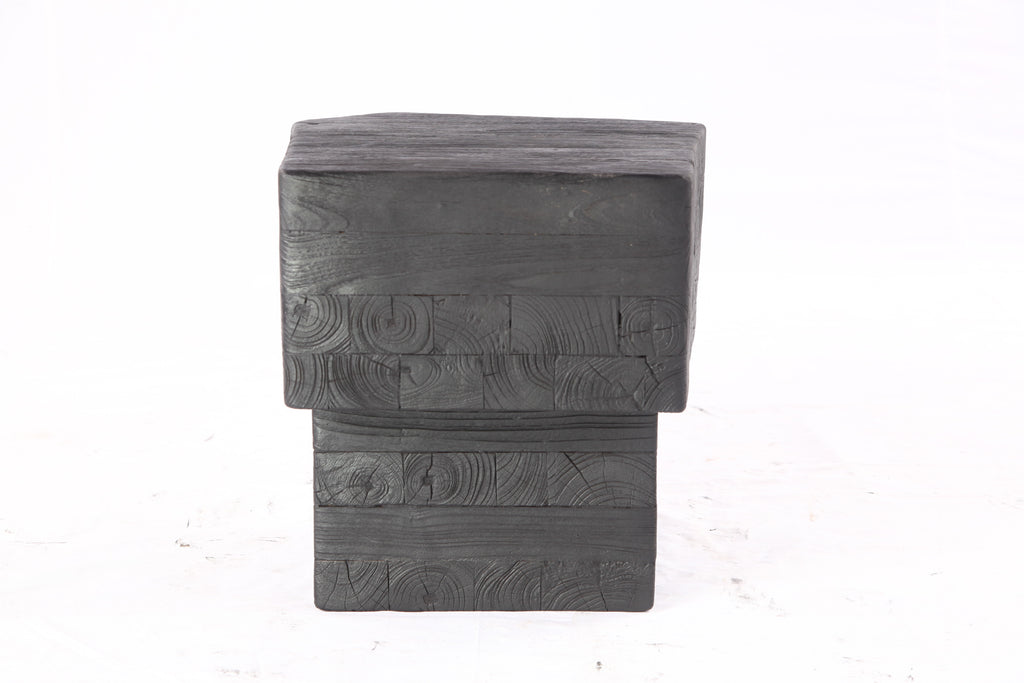 16” Black Sculptural Teak Block Accent Table