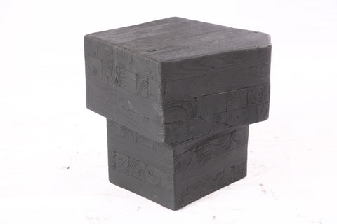 Pair of 16” Black Sculptural Teak Block Accent Table 1&2
