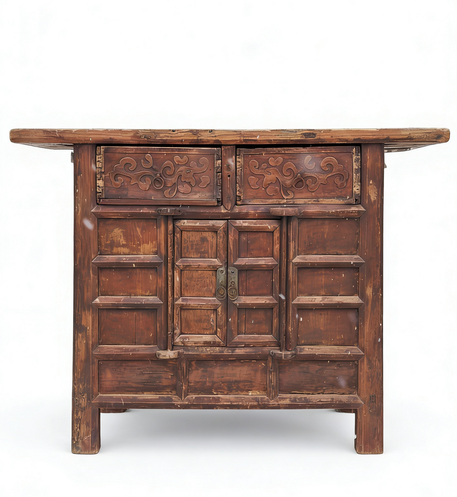 Double Top Drawer Carved Elm Sideboard