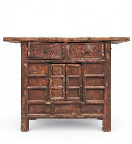 Double Top Drawer Carved Elm Sideboard