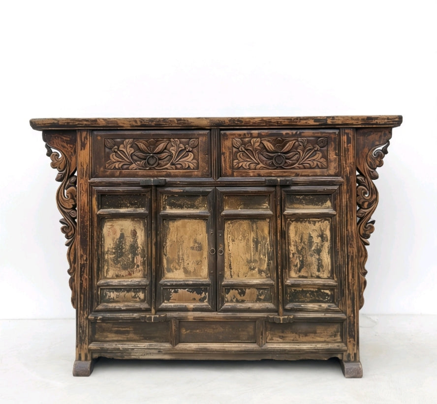 Carved Elm Dual-Drawer Cabinet