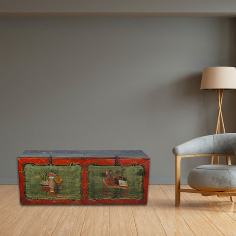 Small Hand Painted 50" Long Antique Chinese Cabinet or Seating Cabinet