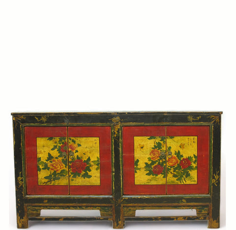 Hand Painted Blooming Roses Asian Sideboard