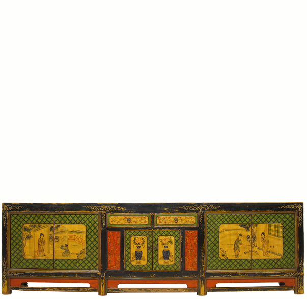 9 Feet Long Hand Painted Antique Asian Sideboard