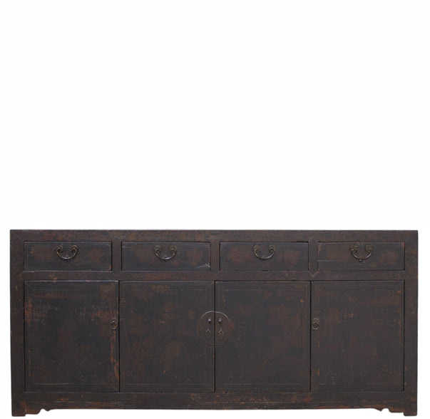 Circa 1926 Antique Chinese Dark Brown Painted Sideboard with Four Drawers and Four Doors