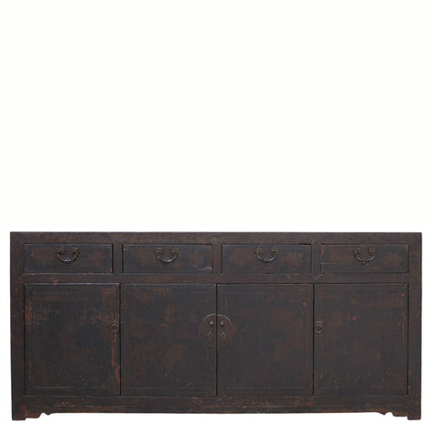 Circa 1926 Antique Chinese Dark Brown Painted Sideboard with Four Drawers and Four Doors