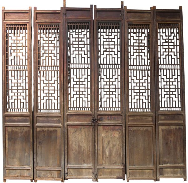 Antique Chinese 6 Panel Lattice Wood Screen Doors - Dyag East