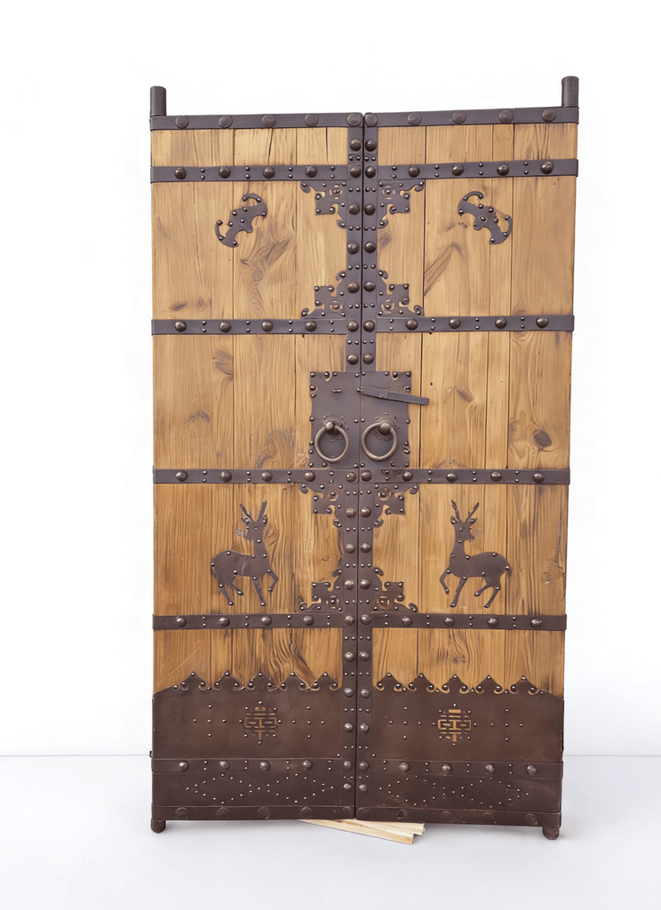 Antique Chinese Wood Door Panels with Iron Deer & Bat Motifs - Dyag East
