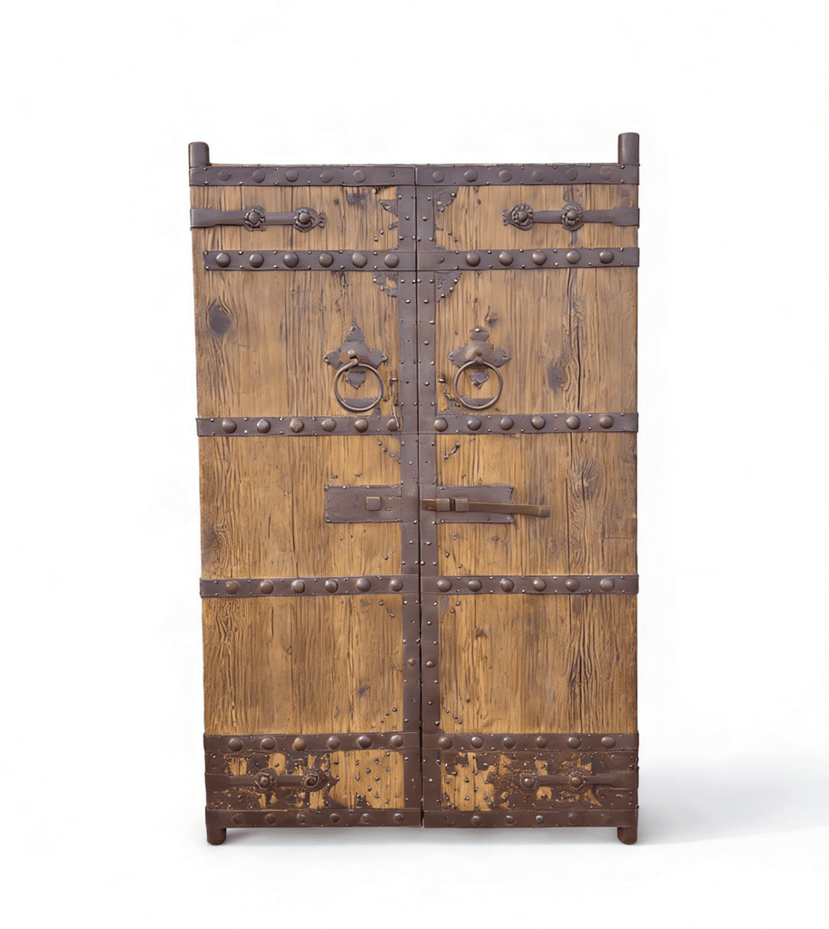 Antique Pinewood Doors with Studded Iron Bands & Sliding Latch - Dyag East