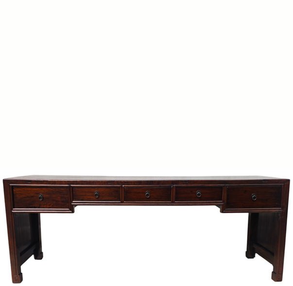 Dark Brown Antique Chinese 90" Long Writing Desk with 5 Drawers - Dyag East