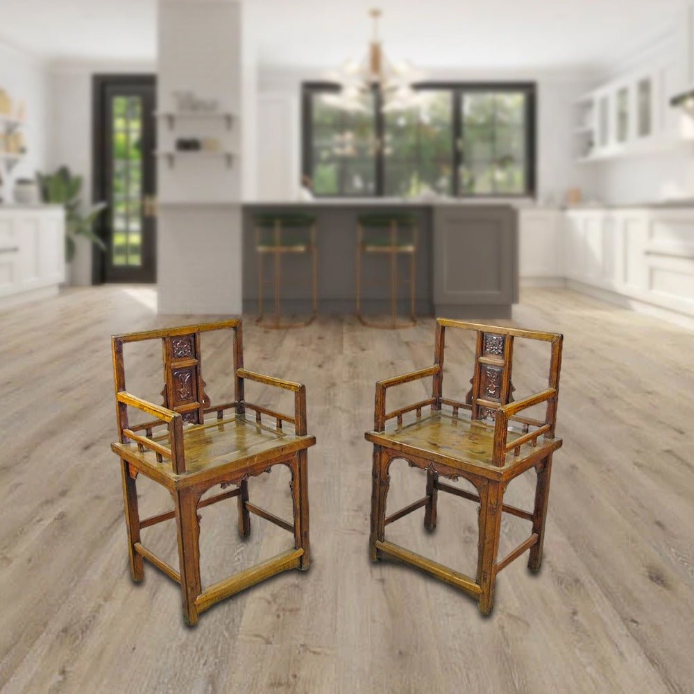 Hand Carved Back Chinese Antique Arm Chairs - Set of 2 - Dyag East