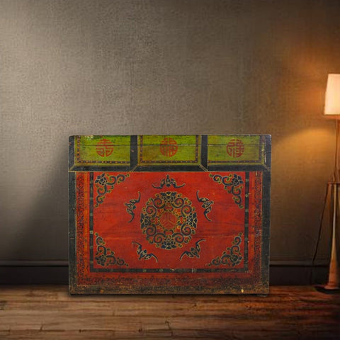 Hand Painted Five Bats Antique Gansu Tibetan Cabinet - Dyag East