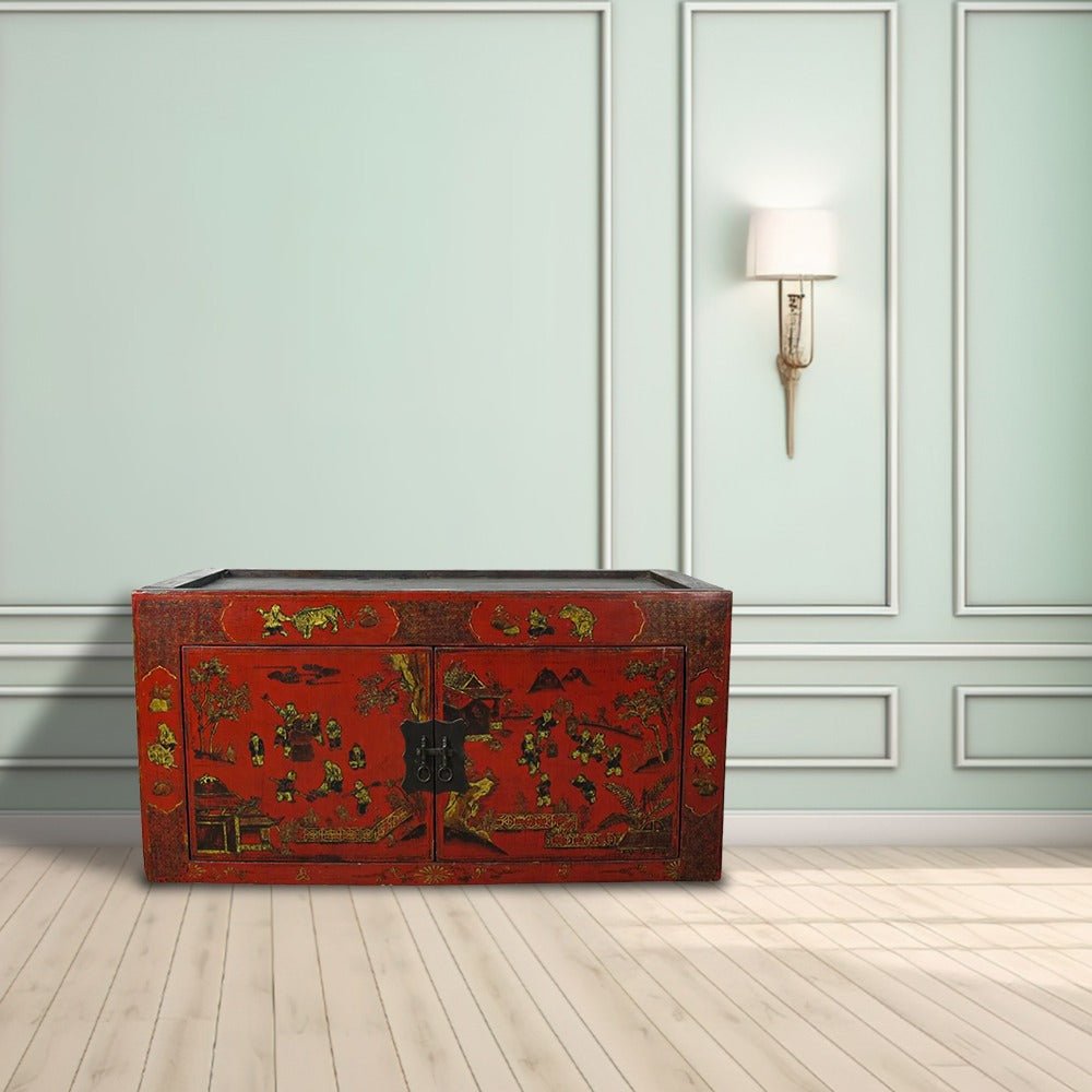 Hand Painted Red Vintage Chinese Chinoiserie - Style Cabinet - Dyag East