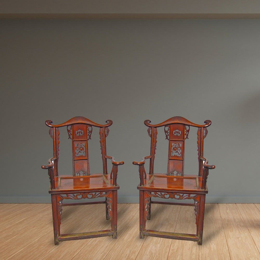 Red Antique Chinese Armchair with Elaborate Carving - Dyag East