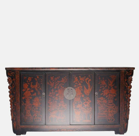 Vintage Chinese Four-Door Cabinet with Hand-Painted Floral and Bird Panels - Dyag East
