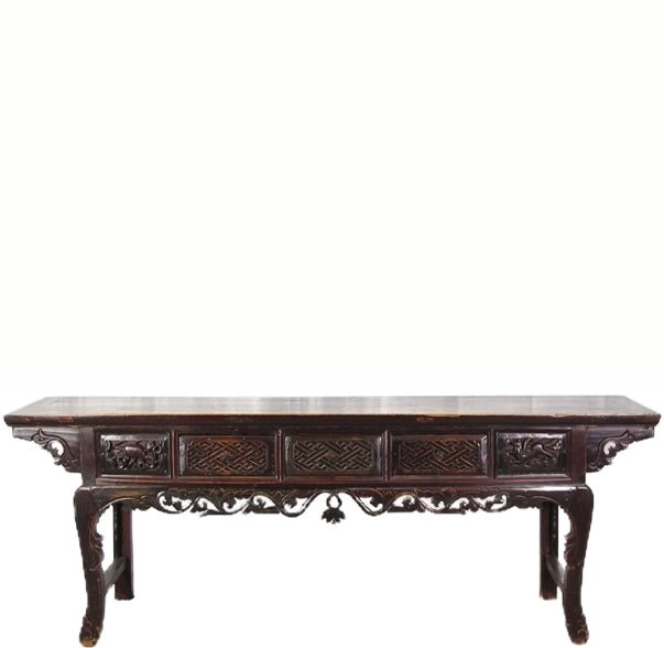 96” Inch Long Antique Brown Chinese Altar Console Table – 3 Drawers - Dyag East