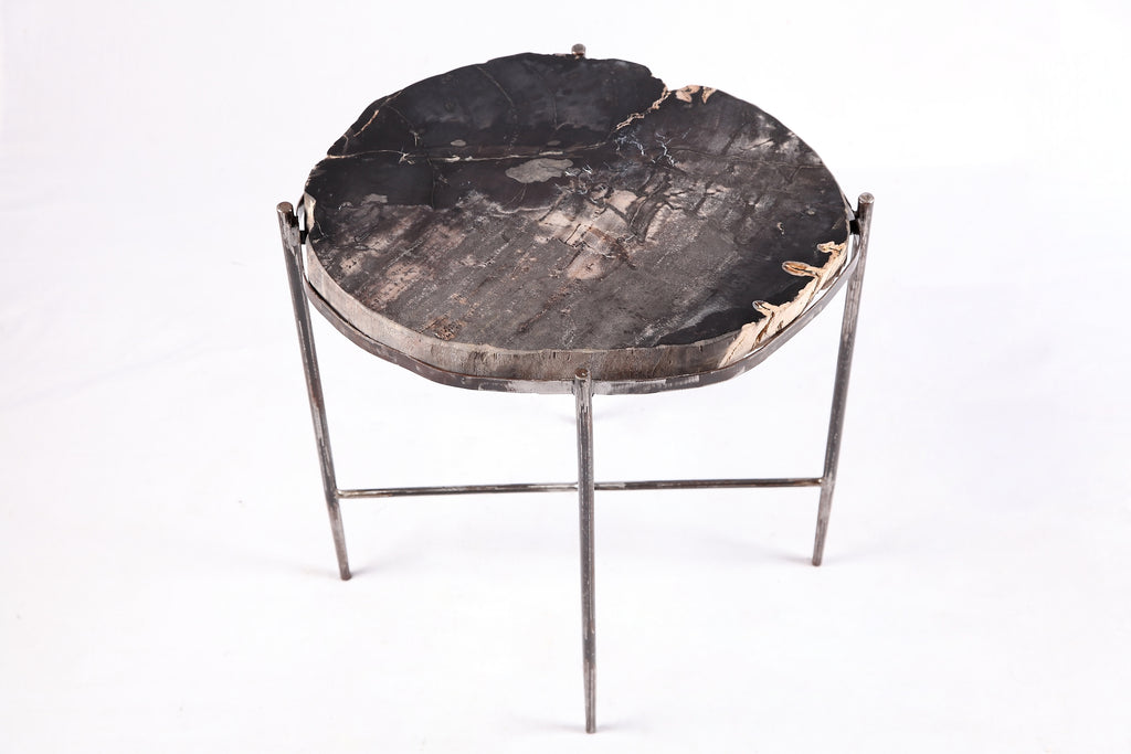 Living Edge Petrified Wood Top w Iron Stand Accent Table or Side Table 48