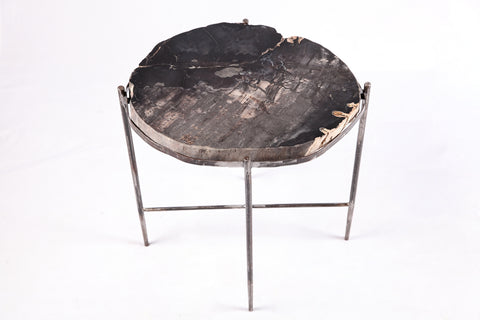 Living Edge Petrified Wood Top w Iron Stand Accent Table or Side Table 48