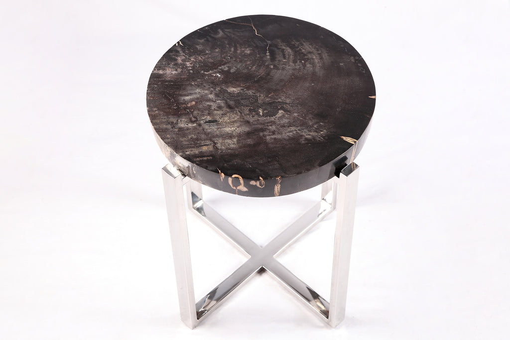 Round Petrified Wood Top w Stainless Steel Stand Accent Table or Side Table 72