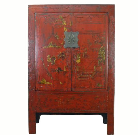 Red Antique Chinese Chinoiserie Style Cabinet