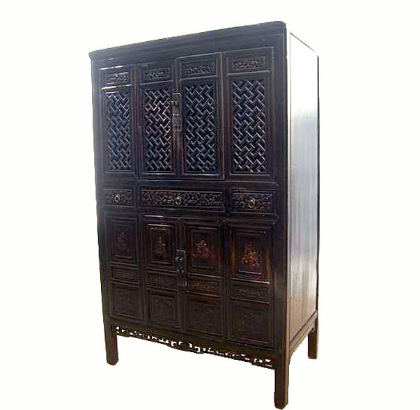 Dark Reddish Brown Lattice and Carved Cabinet - Dyag East