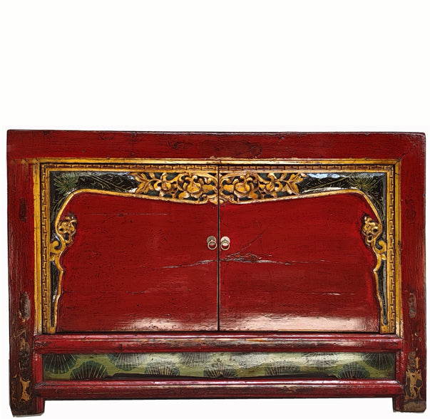 Antique Red Shanxi Cabinet Table with Carved Border Doors