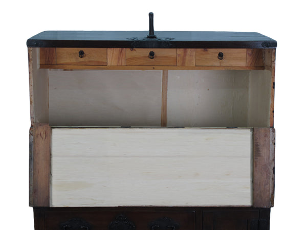 Two Part Dark Brown Antique Korean Cabinet Chest