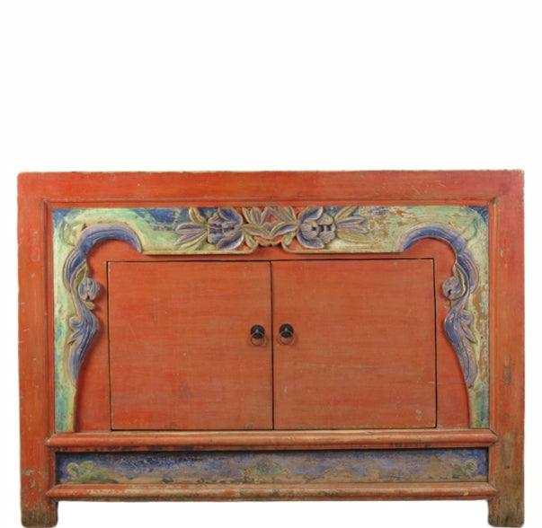 Red Antique Shanxi Cabinet Table with Carved Border Doors