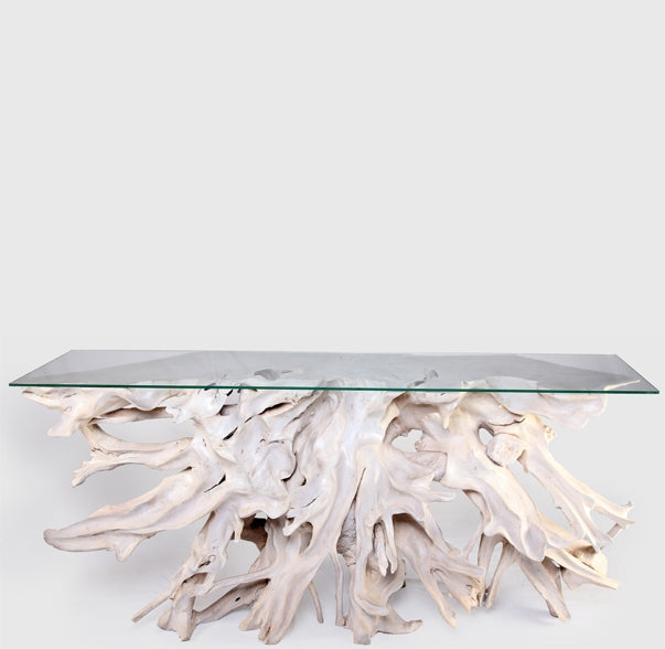 Naturel Teak Root Console Table, 86" Long White Wash