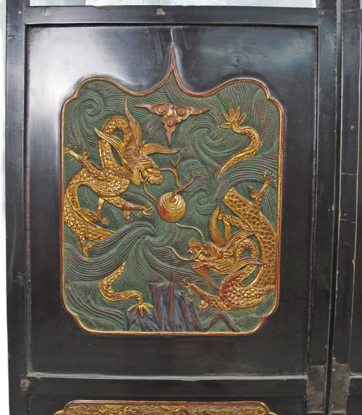 Antique Chinese Room Divider w Hand Carved & Gilded Dragons on Both Sides - Set of 4