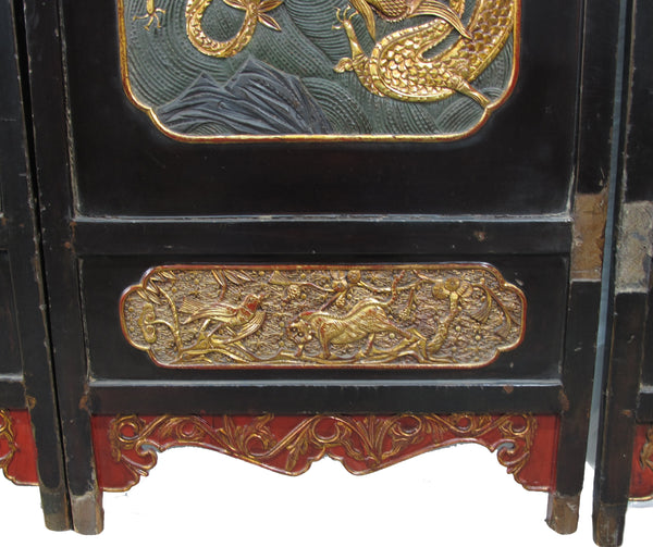 Antique Chinese Room Divider w Hand Carved & Gilded Dragons on Both Sides - Set of 4