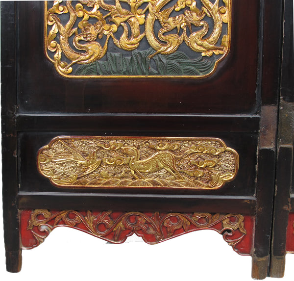 Antique Chinese Room Divider w Hand Carved & Gilded Dragons on Both Sides - Set of 4