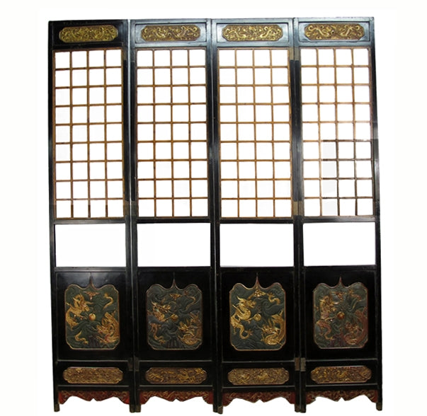 Antique Chinese Room Divider w Hand Carved & Gilded Dragons on Both Sides - Set of 4