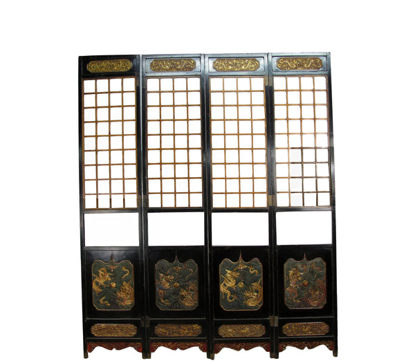 Antique Chinese Room Divider w Hand Carved & Gilded Dragons on Both Sides - Set of 4