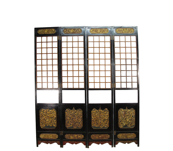 Antique Chinese Room Divider w Hand Carved & Gilded Dragons on Both Sides - Set of 4