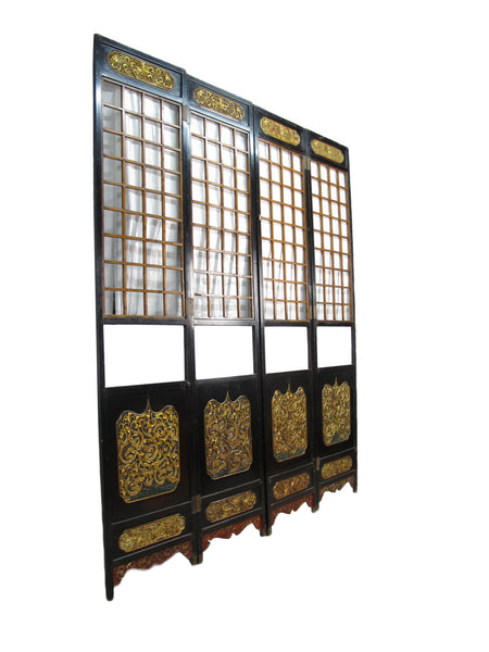 Antique Chinese Room Divider w Hand Carved & Gilded Dragons on Both Sides - Set of 4