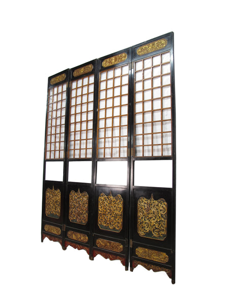 Antique Chinese Room Divider w Hand Carved & Gilded Dragons on Both Sides - Set of 4