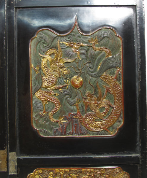 Antique Chinese Room Divider w Hand Carved & Gilded Dragons on Both Sides - Set of 4