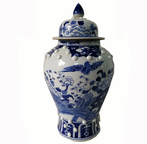 Blue and White Chinese Porcelain Ginger Jar With Birds & Flowers