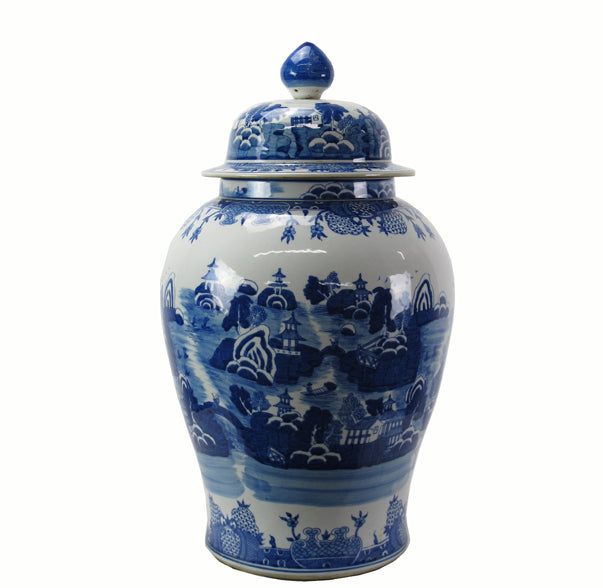 Large 27 Inch Tall Blue and White Porcelain Ginger Jar With Hand Painted Scenery