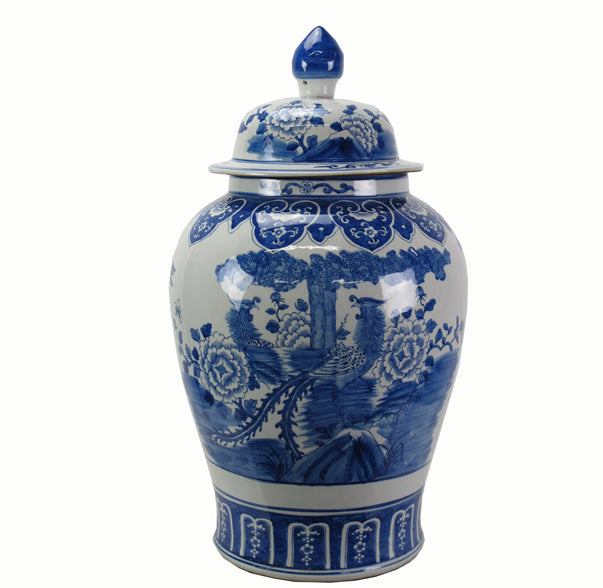 Large 27 Inch Tall Blue and White Porcelain Ginger Jar With 2 Pairs of Phoenixes