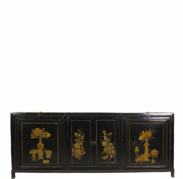 Hand Painted  68" Long Black Sideboard Cabinet with Iron Stand