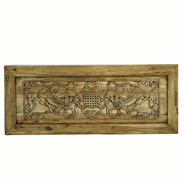 Hand Carved Dancing Lions Wood Wall Hanging Panel - Dyag East