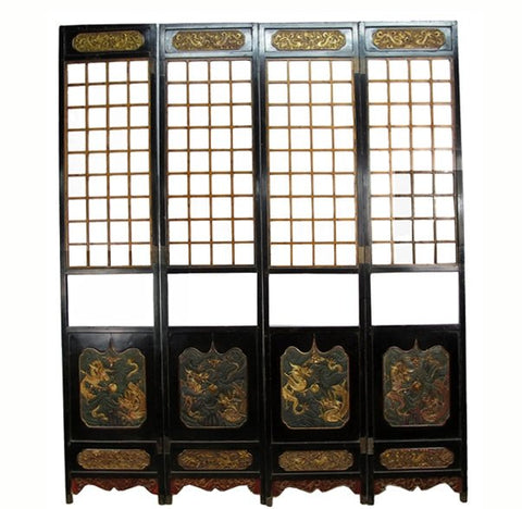 Antique Chinese Room Divider w Hand Carved & Gilded Dragons on Both Sides - Set of 4 - Dyag East