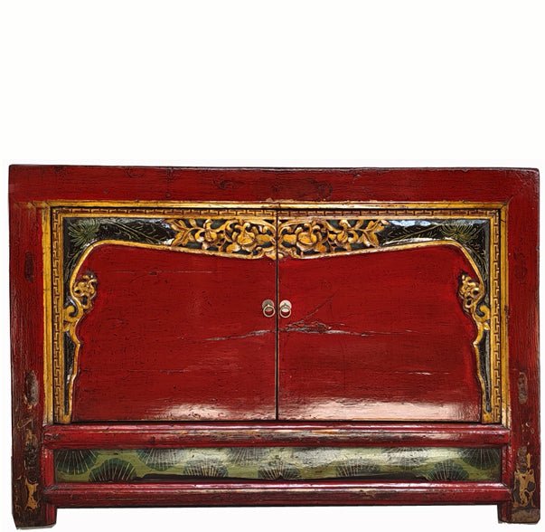 Antique Red Shanxi Cabinet Table with Carved Border Doors - Dyag East